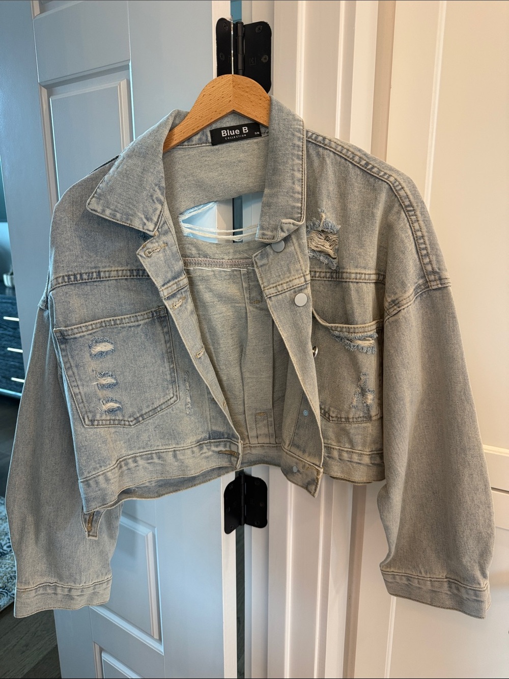 Blue B Cropped Distressed Light Wash Denim Jacket